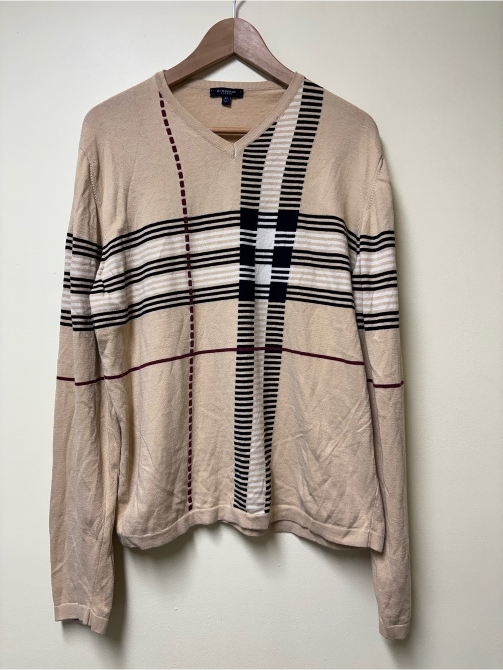 Burberry London 100% Cotton Plaid V Neck Sweater XL
